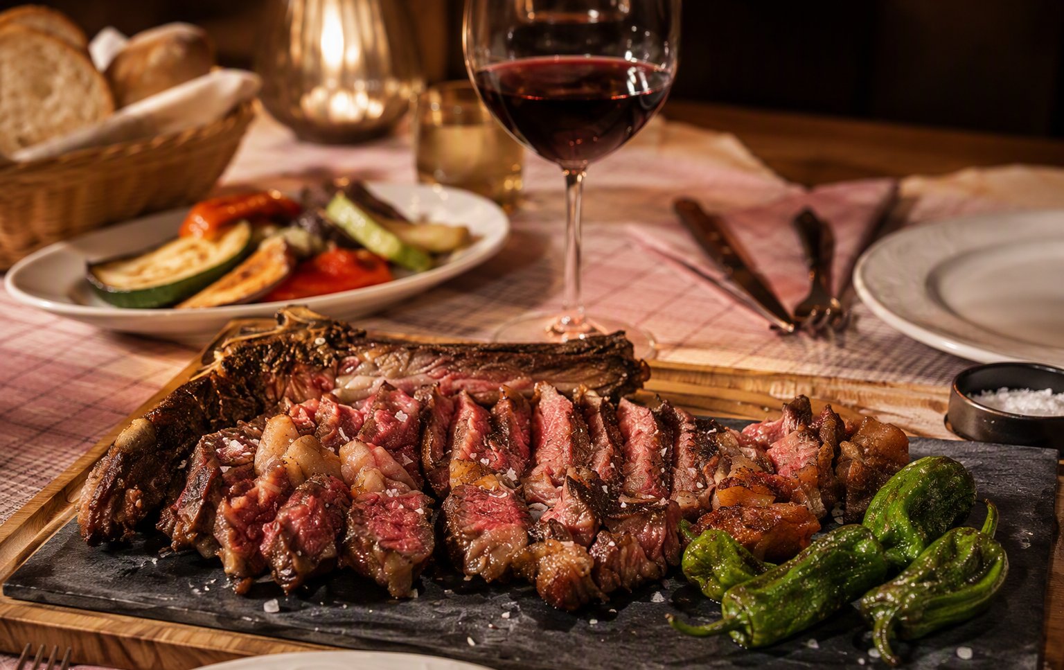 Entrecot a la brasa con pimientos de padrón en Barón de Cútar, Torre del Mar